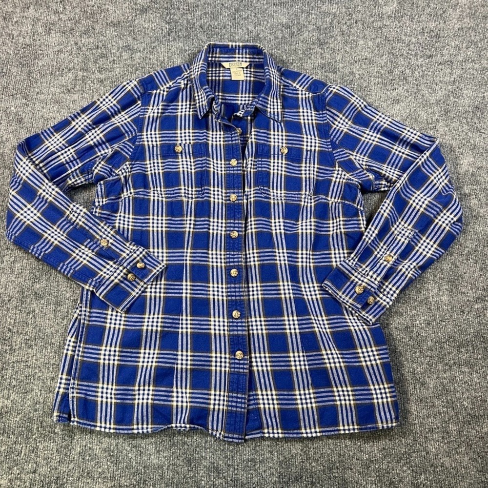 Duluth Trading Womens Small Blue Plaid Flannel Button Up Workwear Shirt
